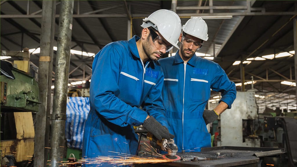 Two workers cutting metal wearing protective equipment