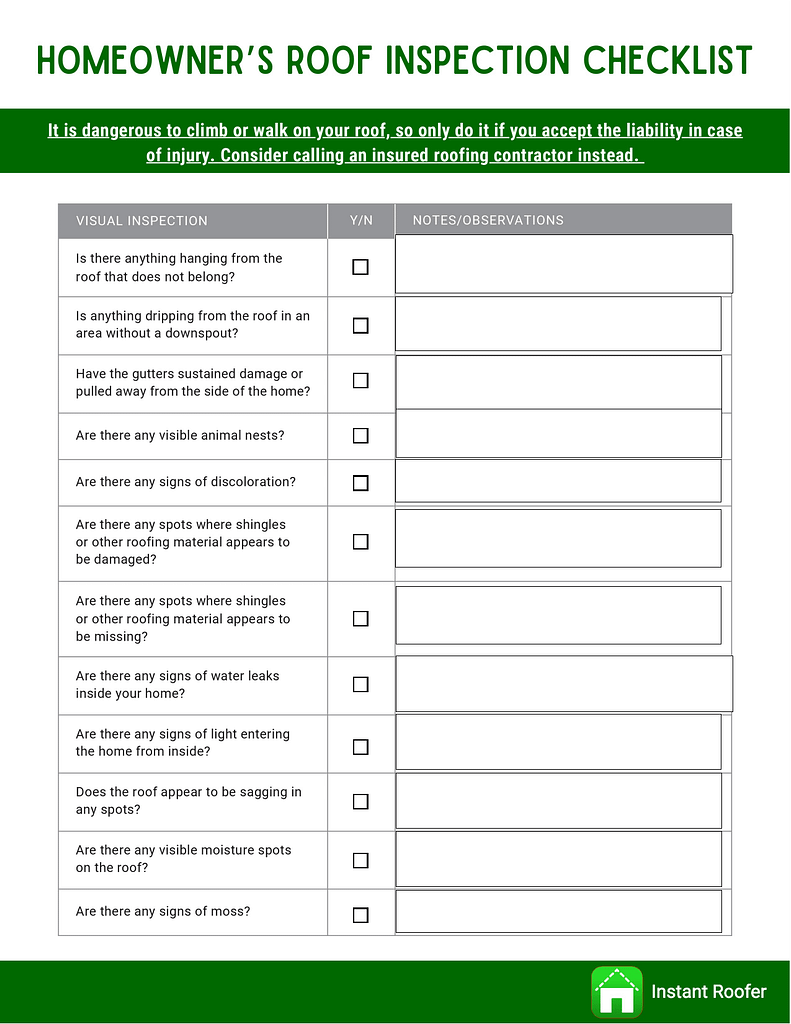 Fillable Form - Homeowners roof inspection checklist