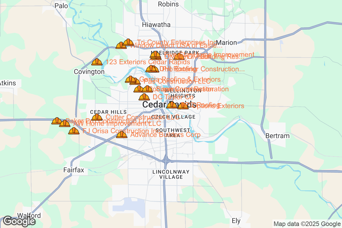 Map of Roofing Contractors in Cedar Rapids, Iowa