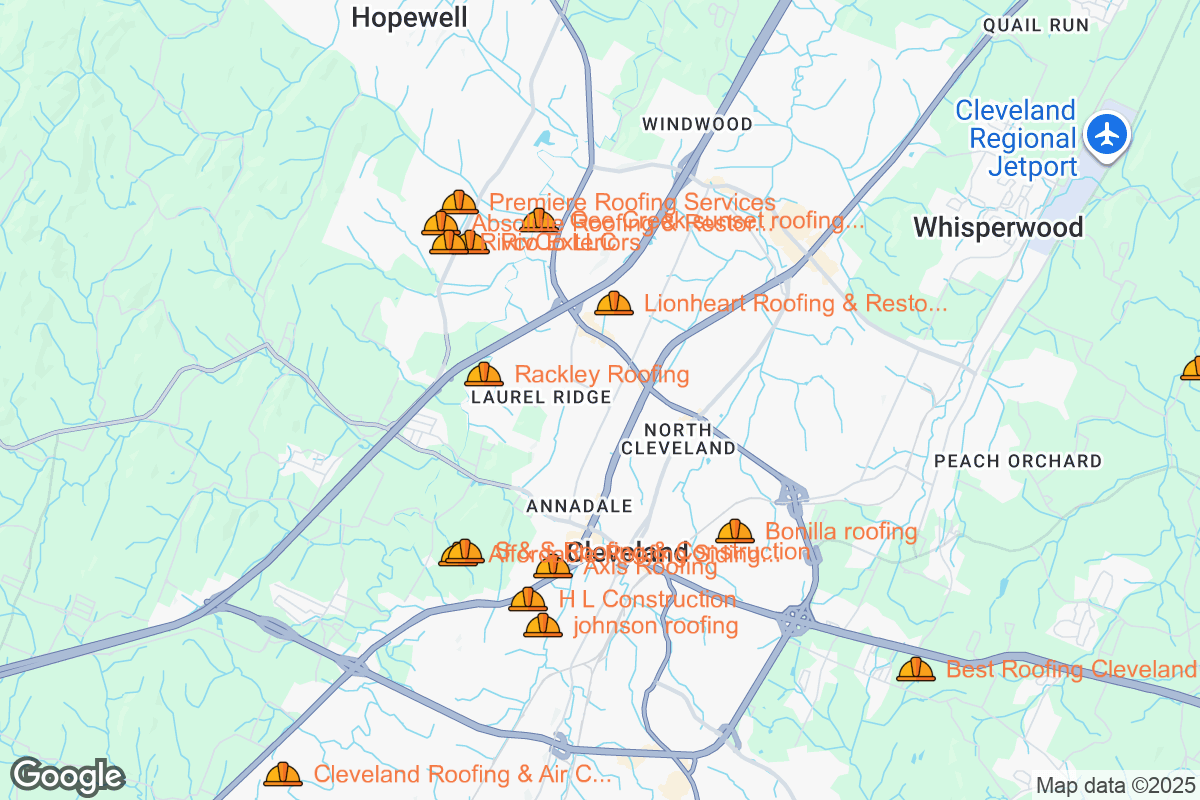 Map of Roofing Contractors in Cleveland, Tennessee