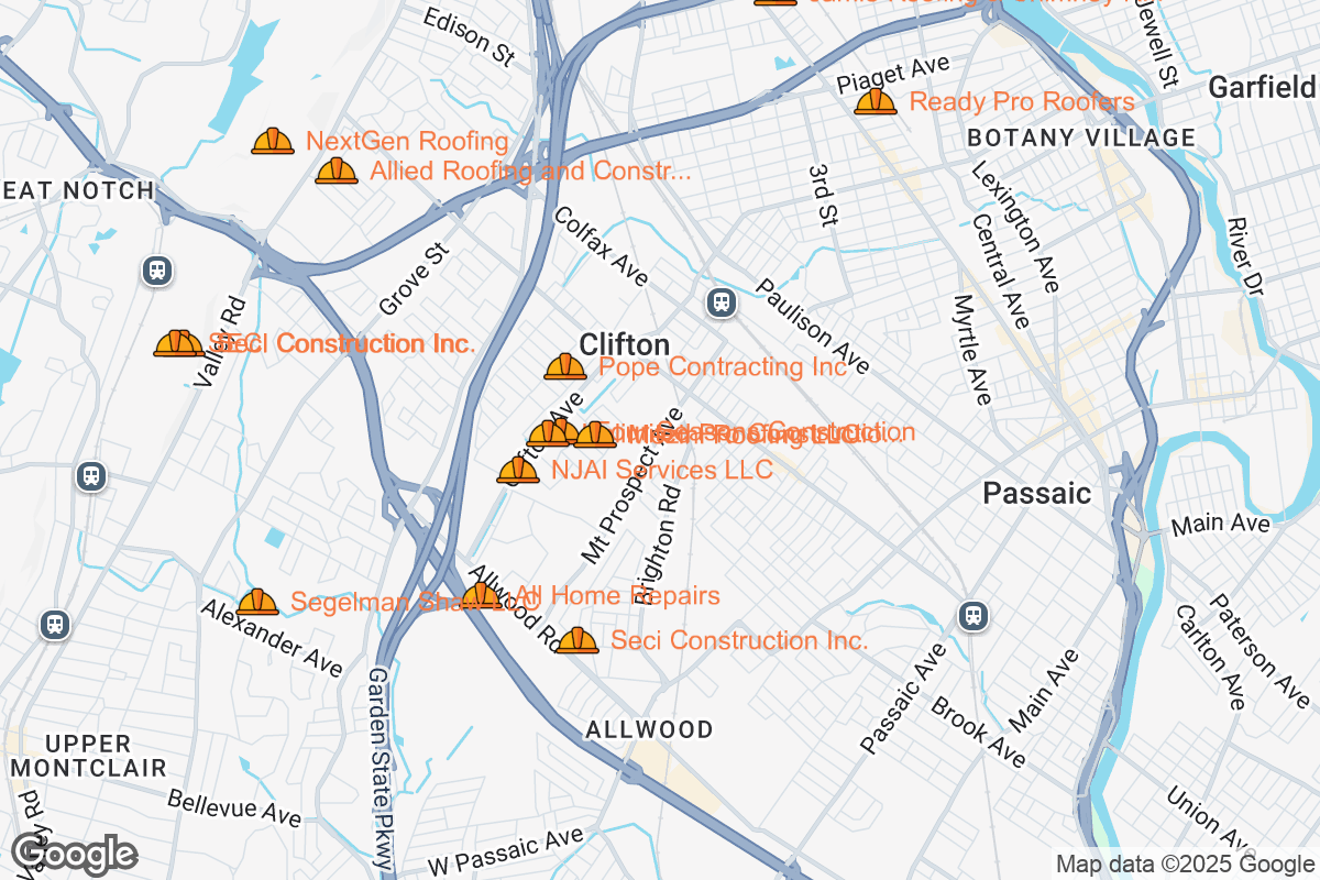 Map of Roofing Contractors in Clifton, New Jersey