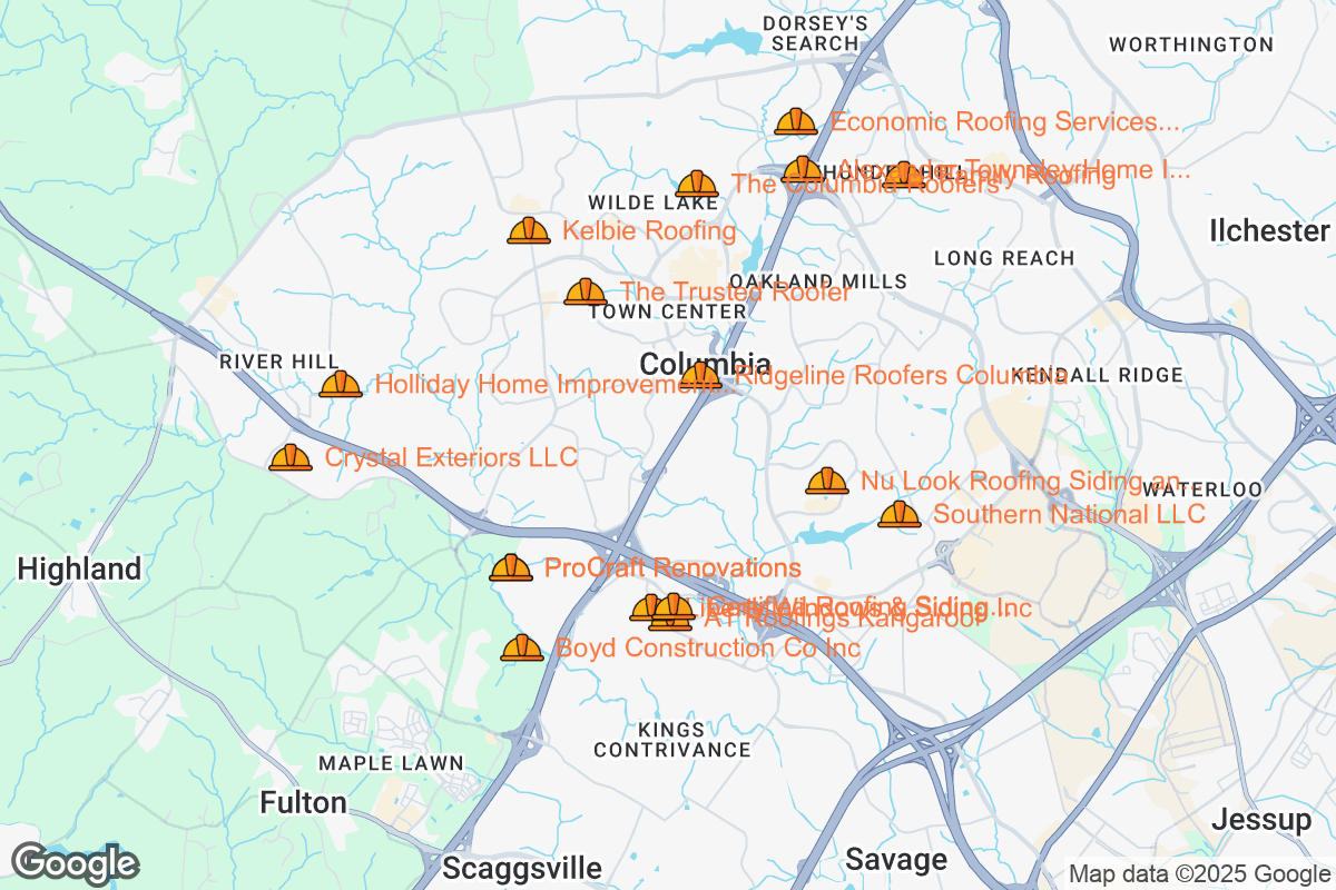 Map of Roofing Contractors in Columbia, Maryland