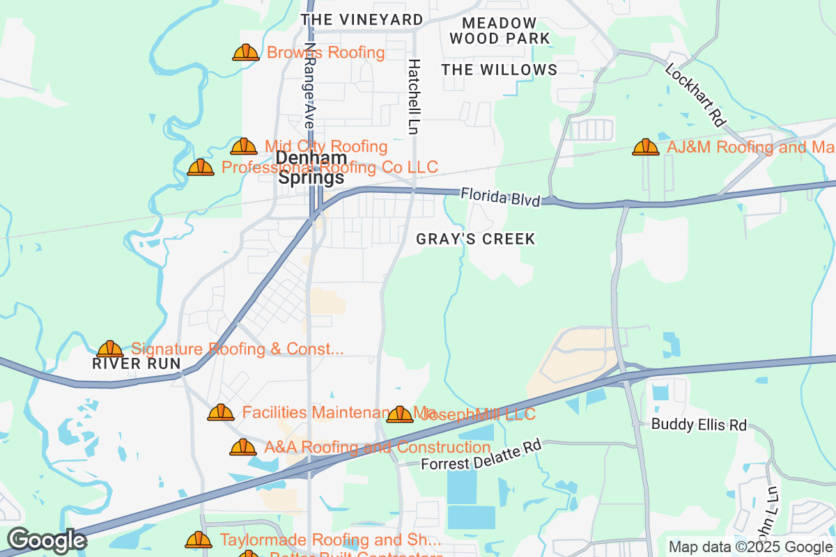 Map of Roofing Contractors in Denham Springs, Louisiana