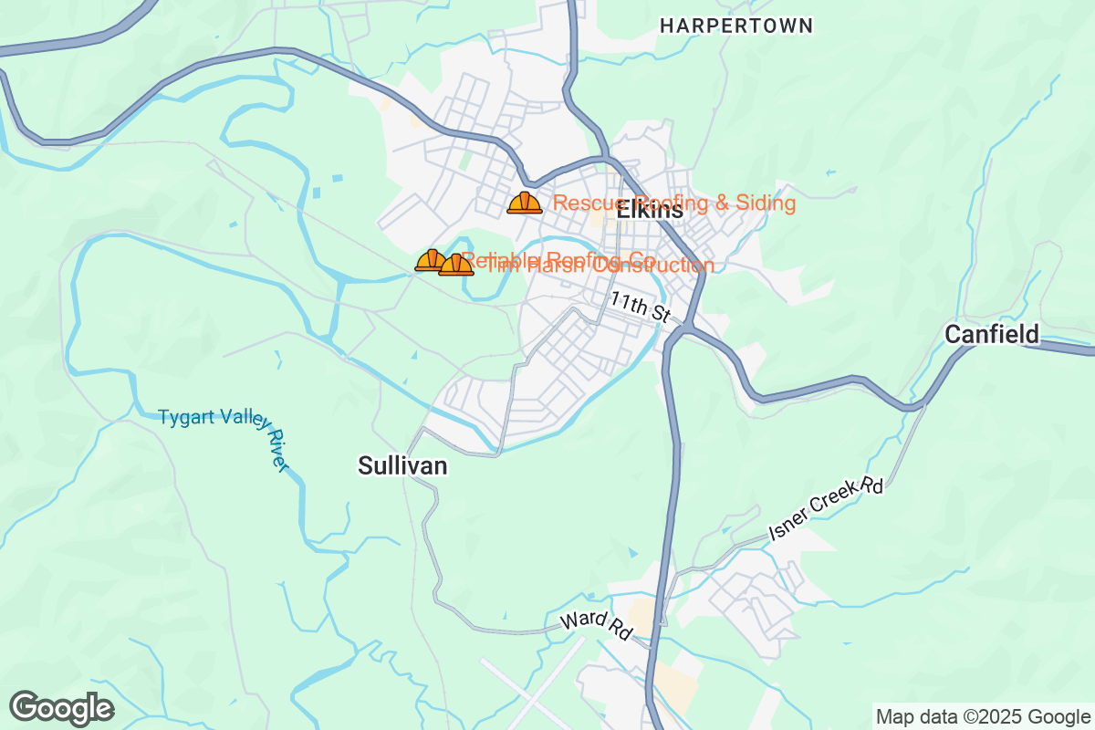 Map of Roofing Contractors in Elkins, West Virginia