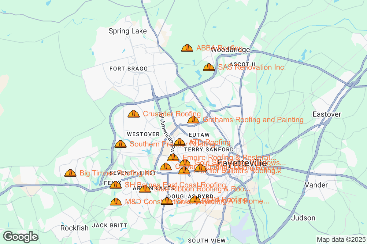 Map of Roofing Contractors in Fayetteville, North Carolina