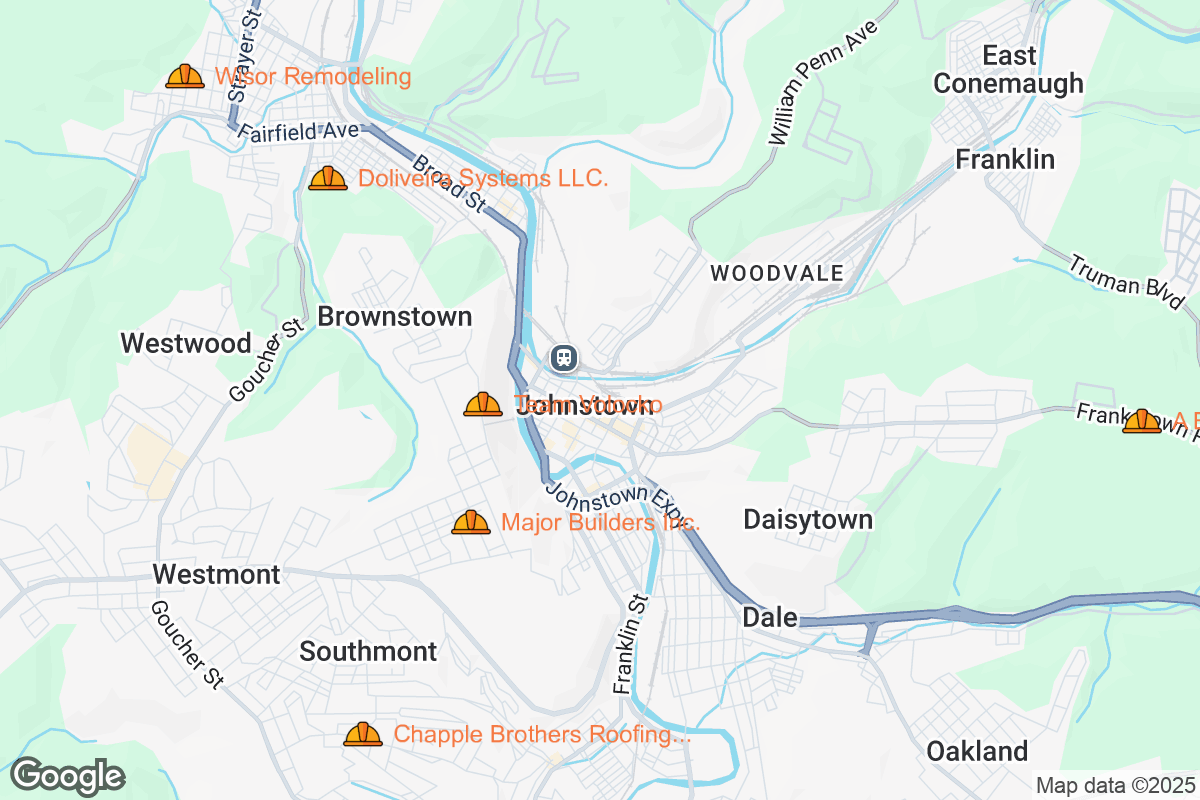 Map of Roofing Contractors in Johnstown, Pennsylvania