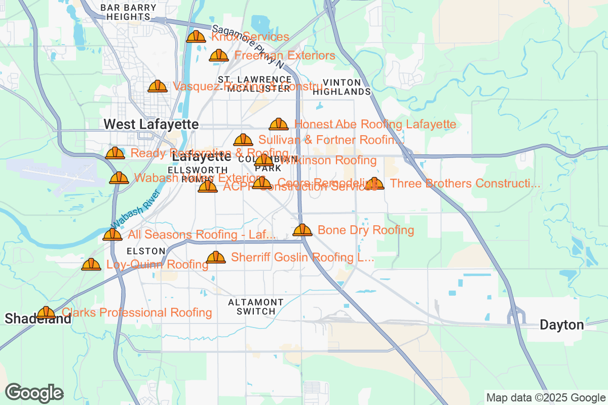 Map of Roofing Contractors in Lafayette, Indiana