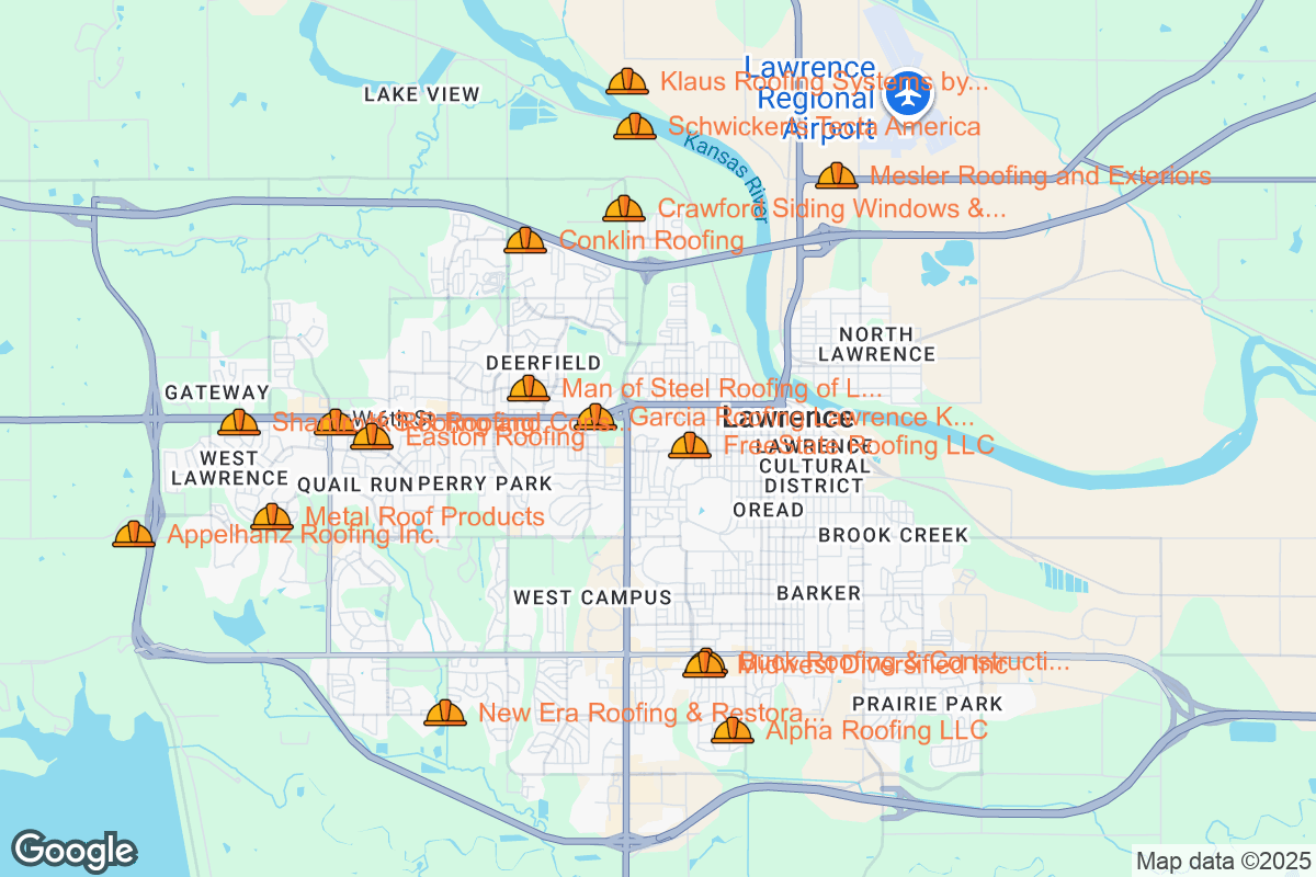 Map of Roofing Contractors in Lawrence, Kansas