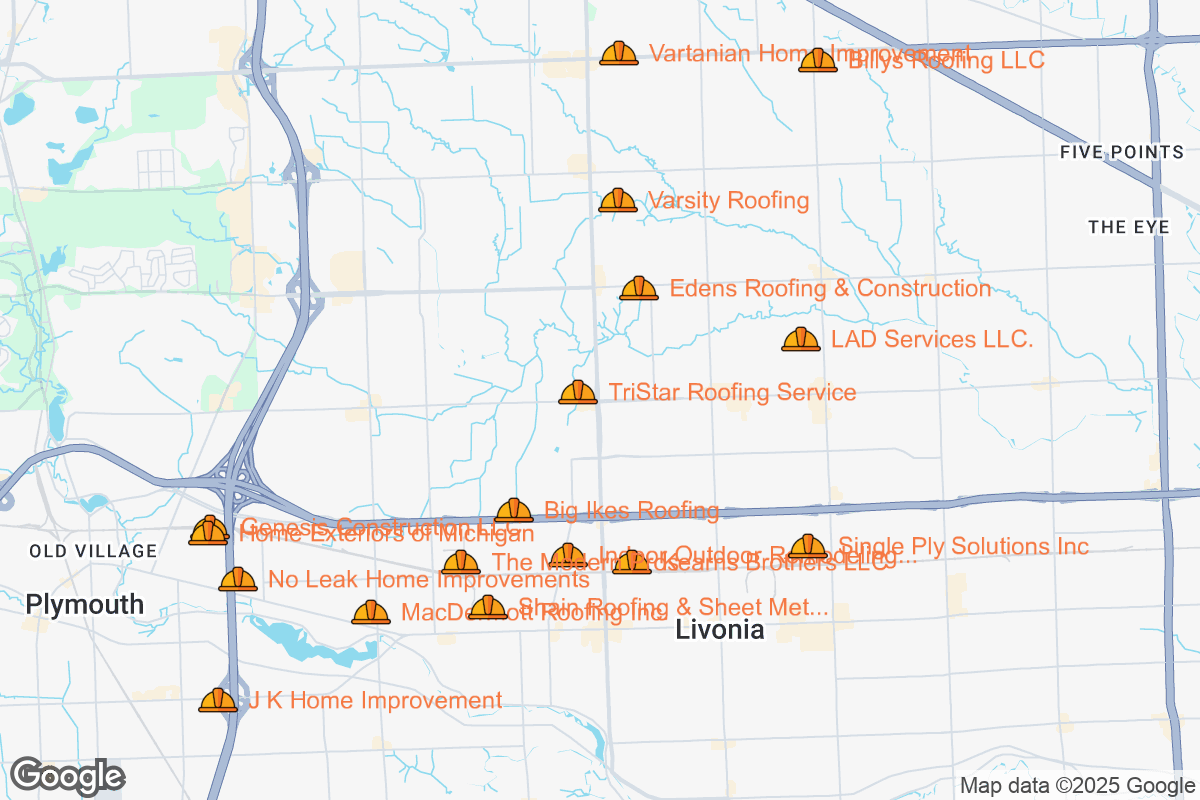 Map of Roofing Contractors in Livonia, Michigan