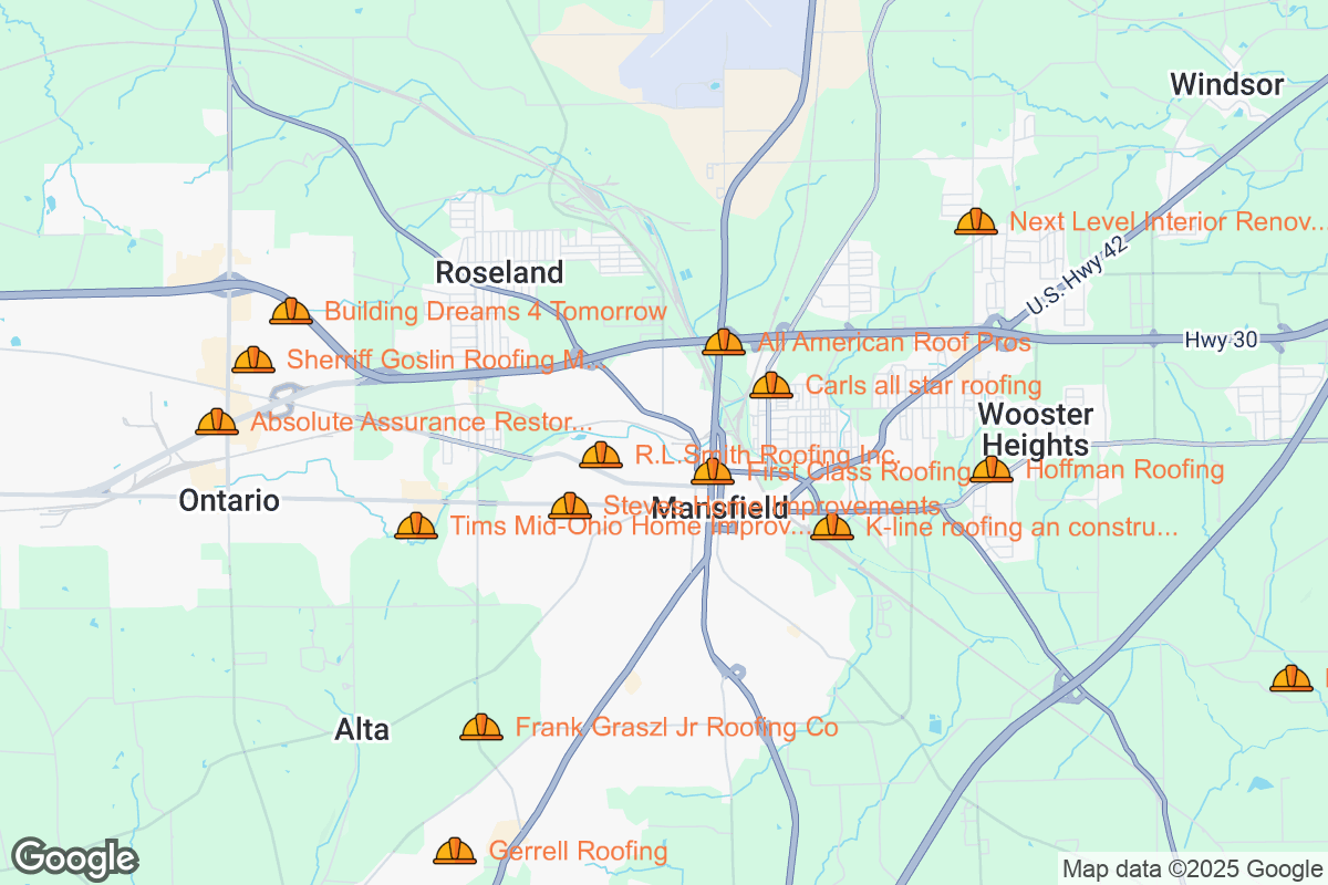 Map of Roofing Contractors in Mansfield, Ohio