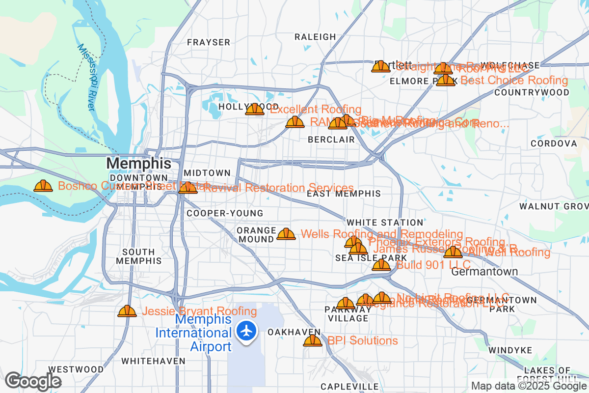 Map of Roofing Contractors in Memphis, Tennessee