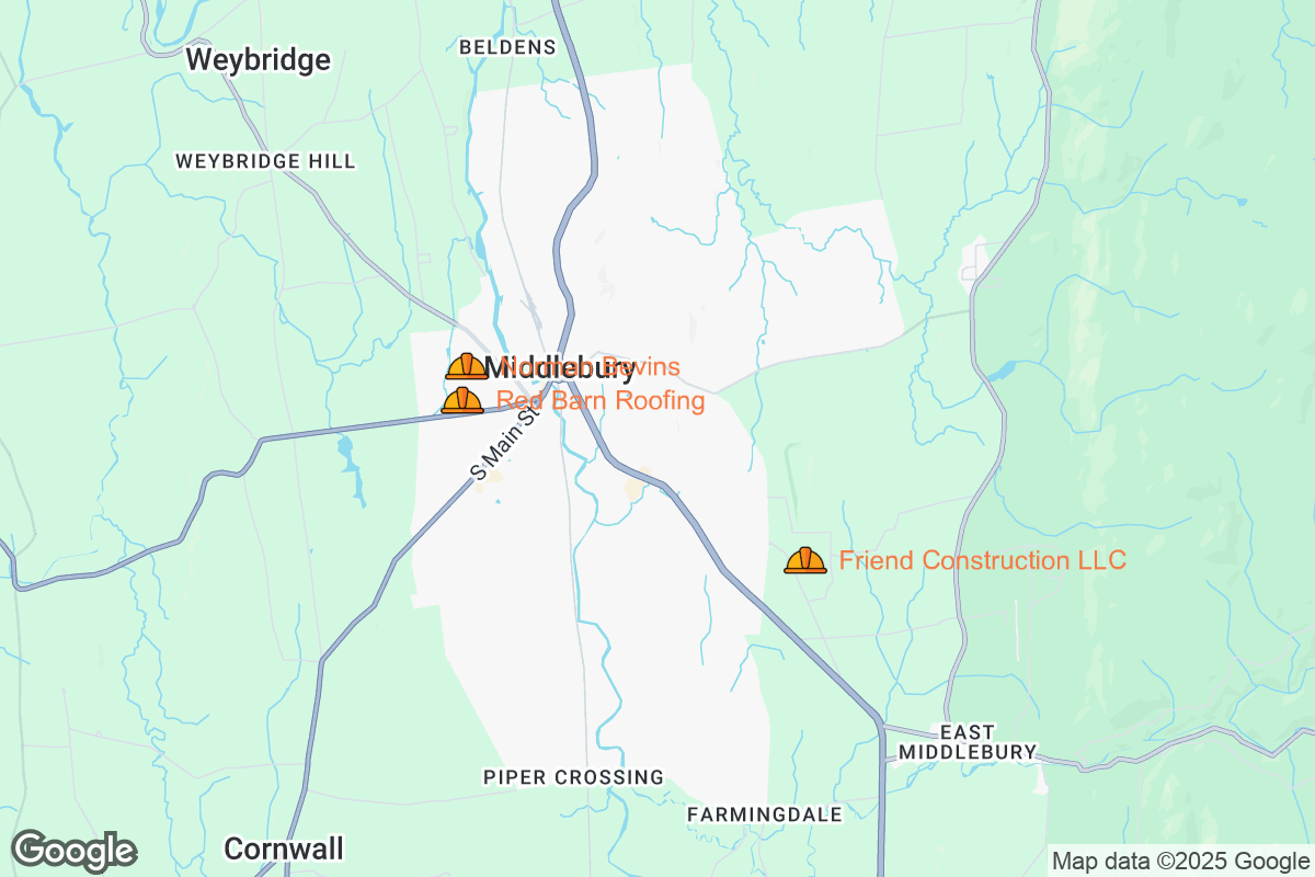 Map of Roofing Contractors in Middlebury, Vermont