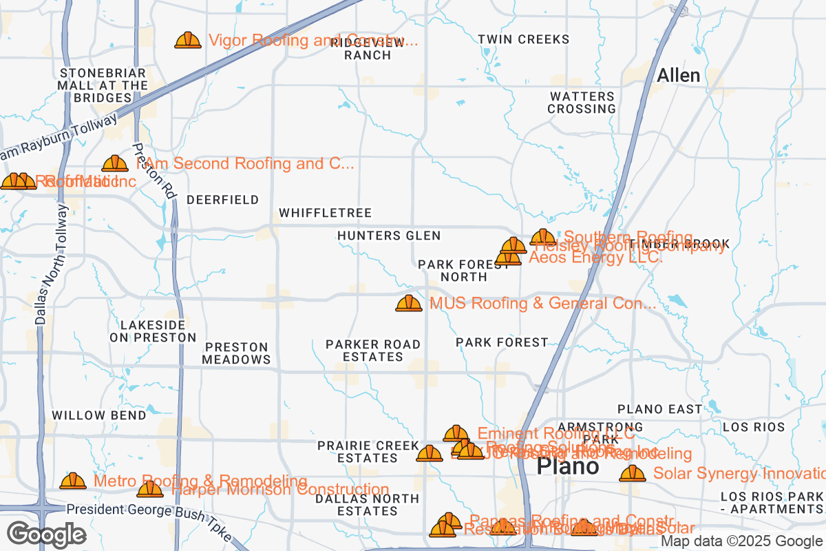 Map of Roofing Contractors in Plano, Texas