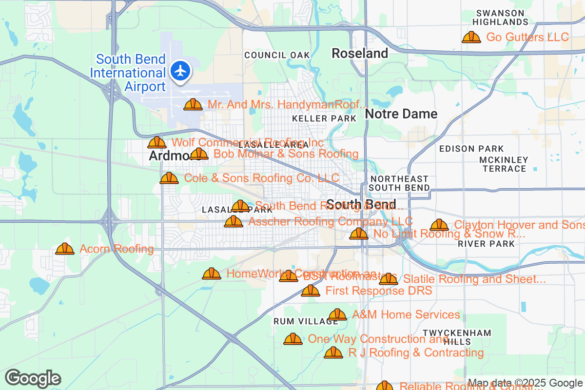 Map of Roofing Contractors in South Bend, Indiana