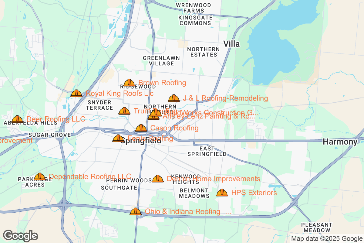 Map of Roofing Contractors in Springfield, Ohio