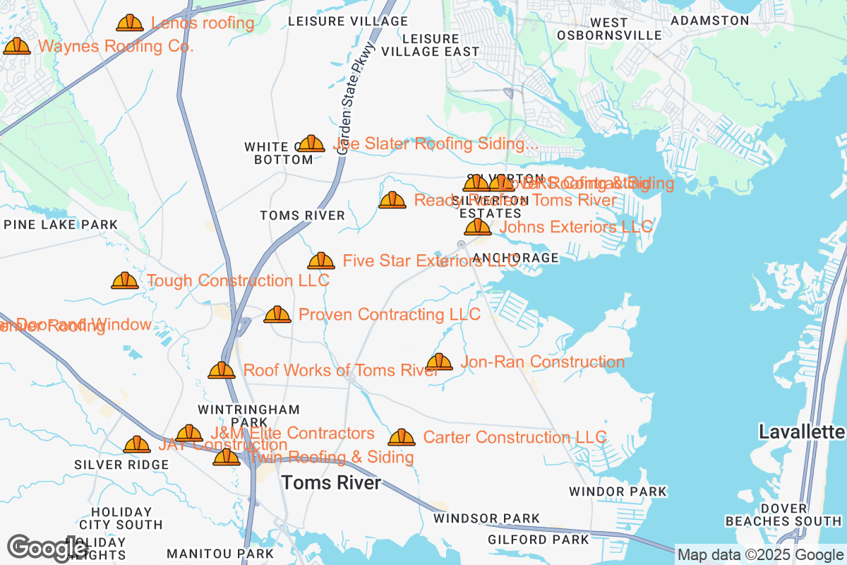 Map of Roofing Contractors in Toms River, New Jersey
