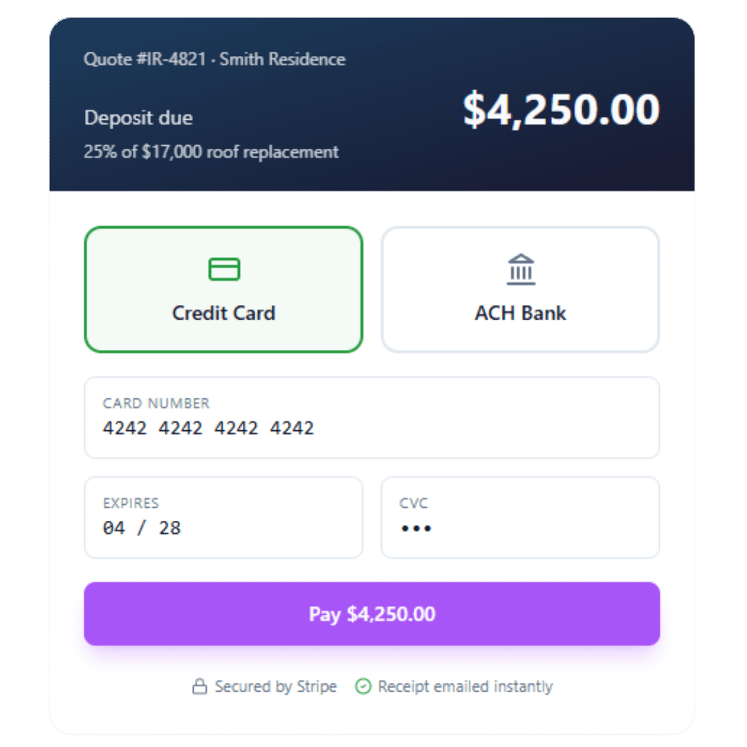 Instant Roofer Stripe payment screen example