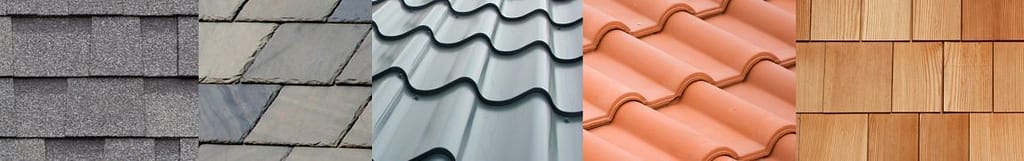 Close ups of shingle roofing, slate roofing, metal roofing, tile roofing, and wood shake roofing.