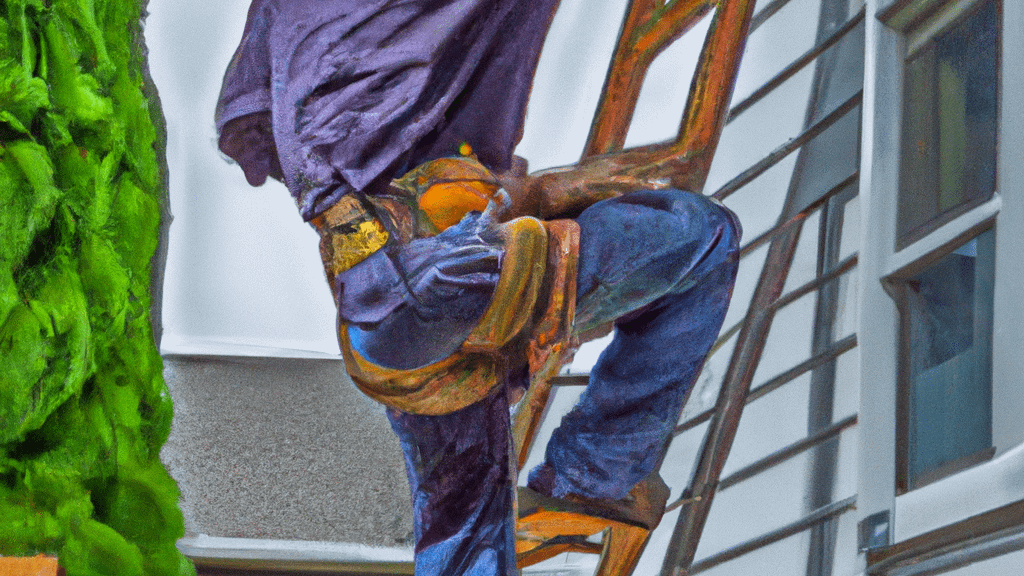Man climbing ladder on Kirkland, Washington home to replace roof