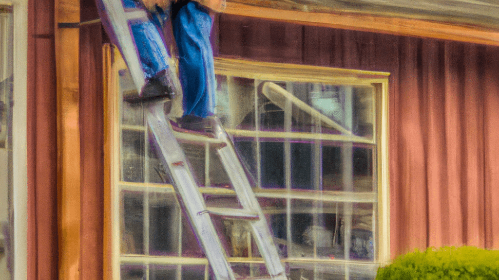 Man climbing ladder on Liberty Lake, Washington home to replace roof