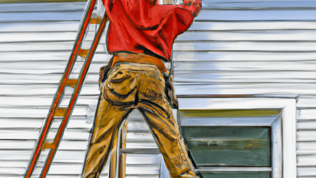 Man climbing ladder on Monroe, Wisconsin home to replace roof