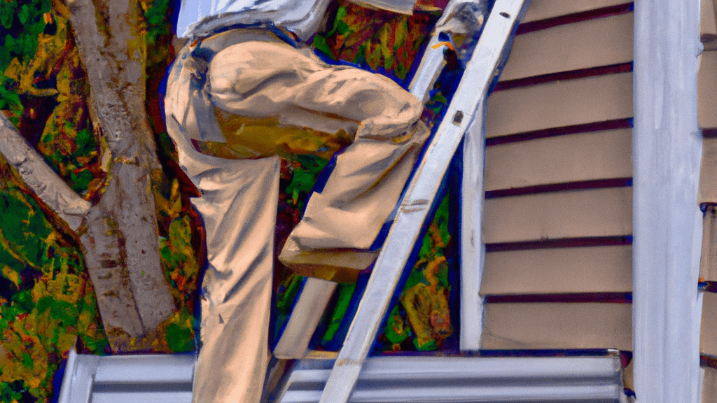 Man climbing ladder on Winsted, Connecticut home to replace roof