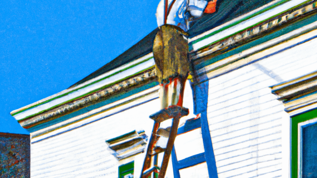 Man climbing ladder on Fountain City, Wisconsin home to replace roof