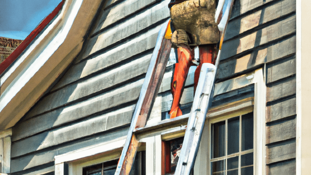 Man climbing ladder on Rehoboth Beach, Delaware home to replace roof