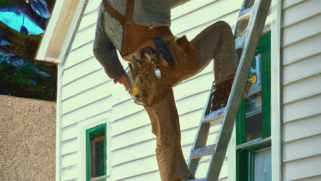 Man climbing ladder on Williams Bay, Wisconsin home to replace roof