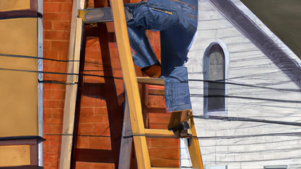 Man climbing ladder on Adrian, Michigan home to replace roof