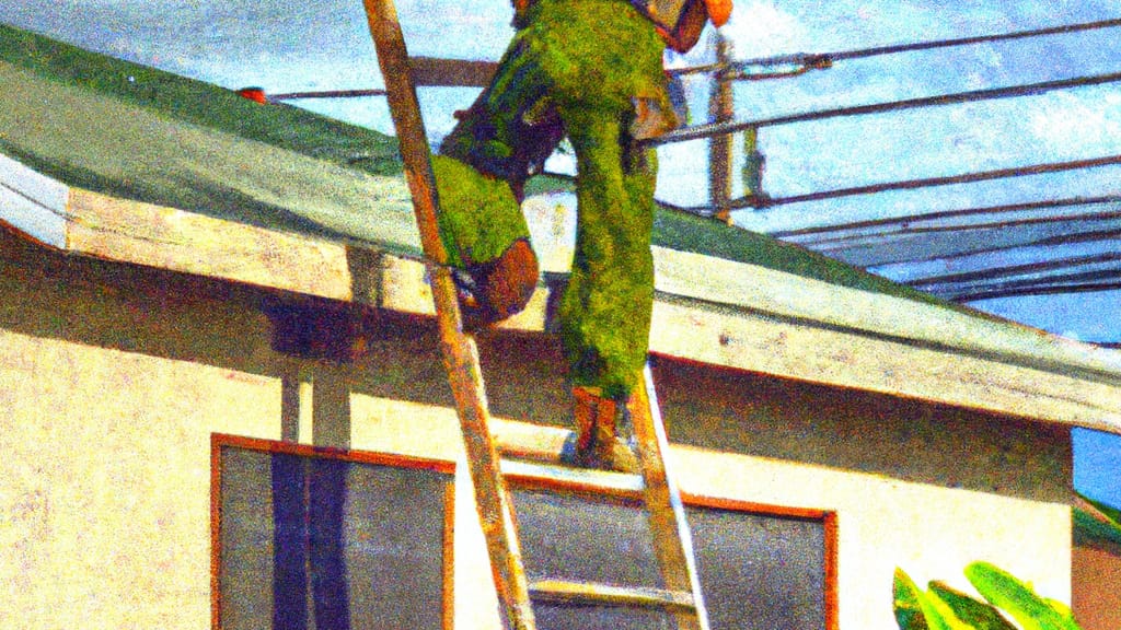 Man climbing ladder on Aiea, Hawaii home to replace roof