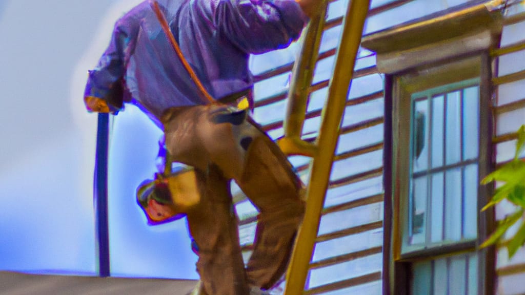 Man climbing ladder on Alton, Illinois home to replace roof