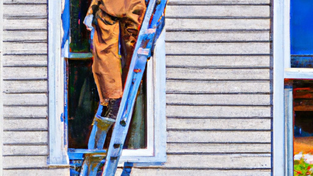 Man climbing ladder on Anacortes, Washington home to replace roof