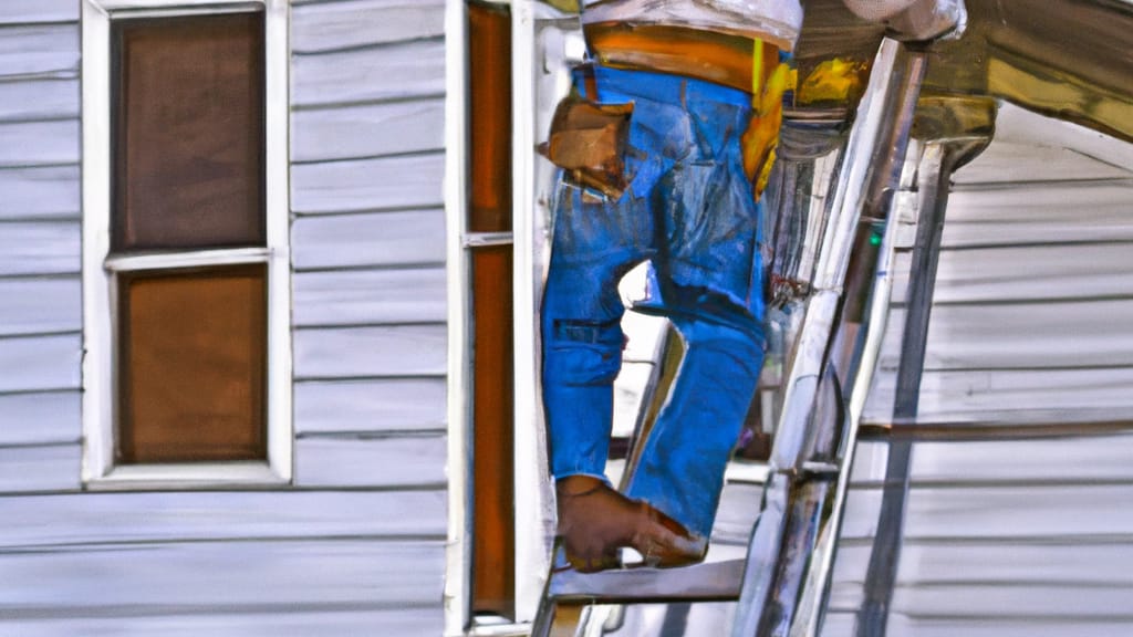 Man climbing ladder on Anadarko, Oklahoma home to replace roof