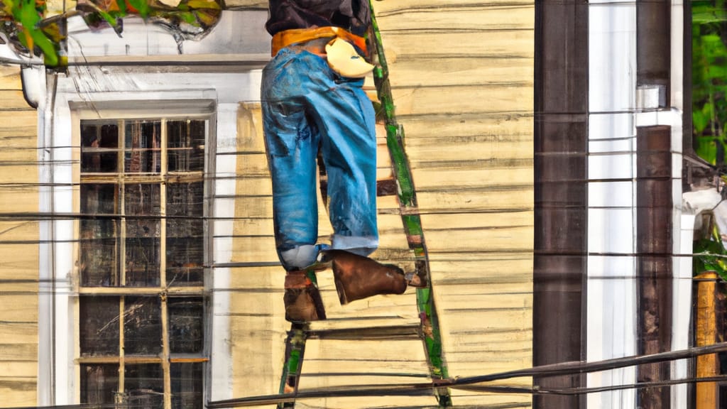 Man climbing ladder on Anniston, Alabama home to replace roof