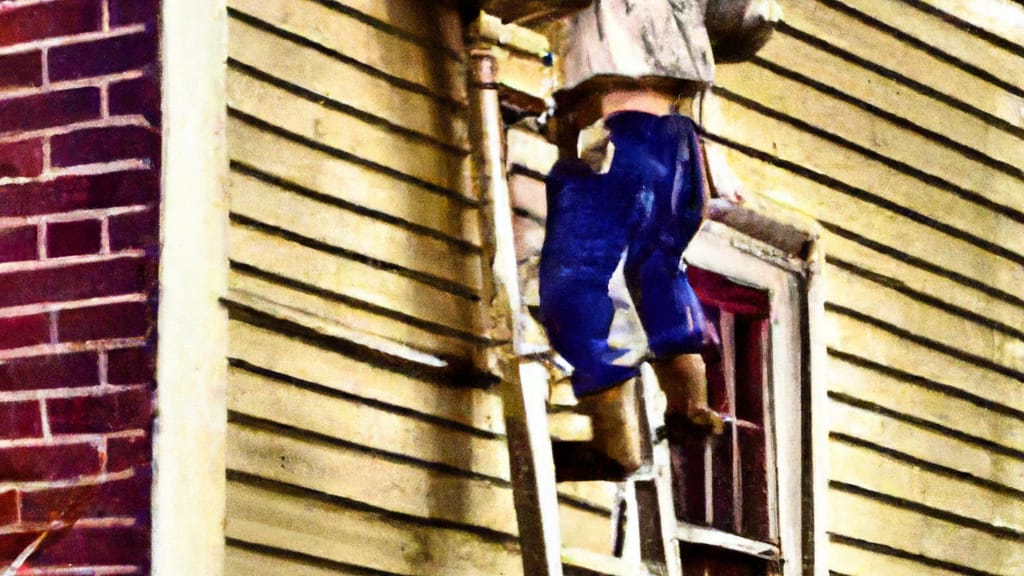 Man climbing ladder on Ansonia, Connecticut home to replace roof