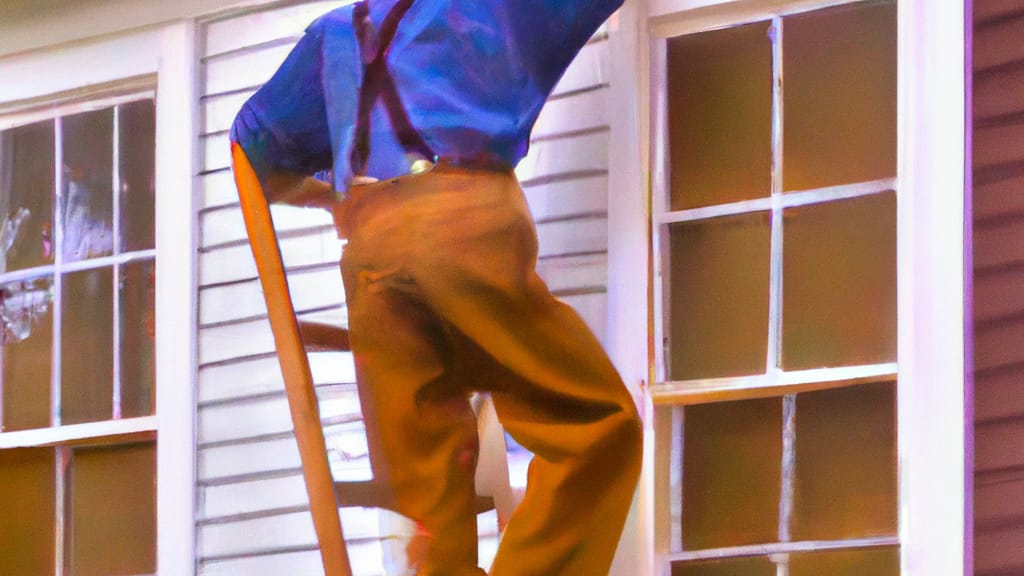 Man climbing ladder on Antigo, Wisconsin home to replace roof