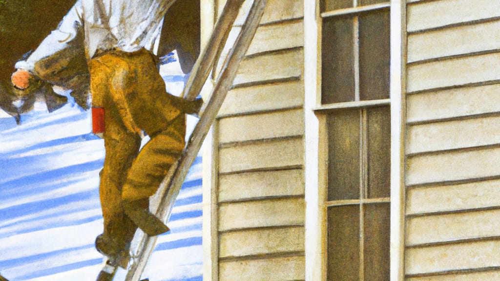 Man climbing ladder on Arcadia, Missouri home to replace roof