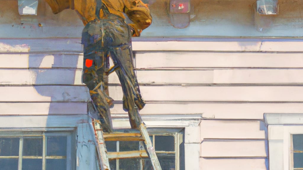 Man climbing ladder on Asbury Park, New Jersey home to replace roof