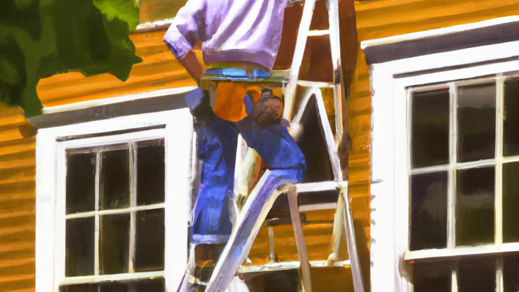 Man climbing ladder on Ashland, Massachusetts home to replace roof