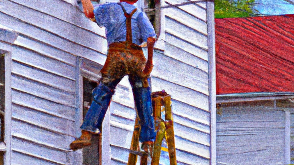 Man climbing ladder on Ashland, Virginia home to replace roof