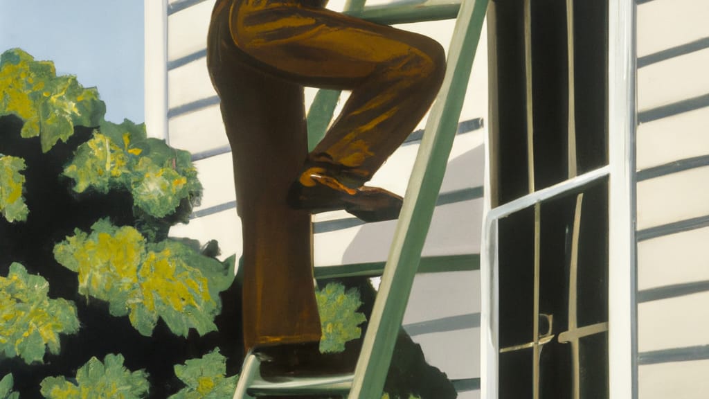 Man climbing ladder on Auburn Hills, Michigan home to replace roof