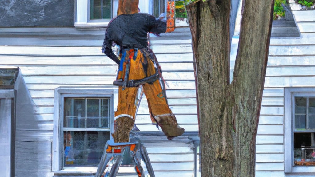 Man climbing ladder on Auburn, Maine home to replace roof