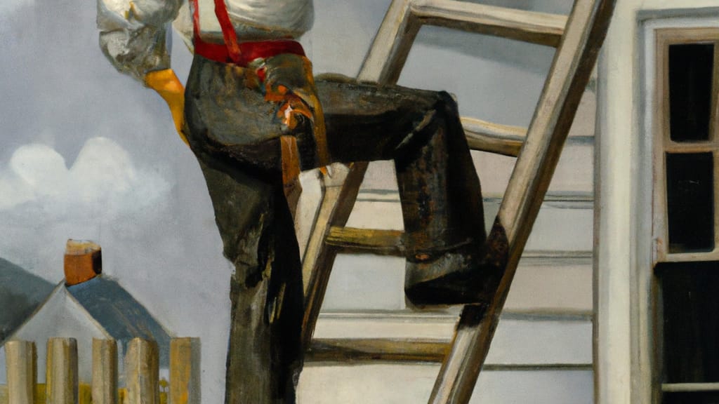 Man climbing ladder on Auburn, Massachusetts home to replace roof