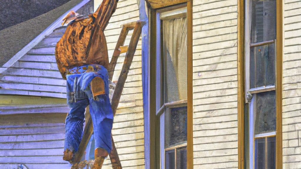 Man climbing ladder on Beaver Falls, Pennsylvania home to replace roof