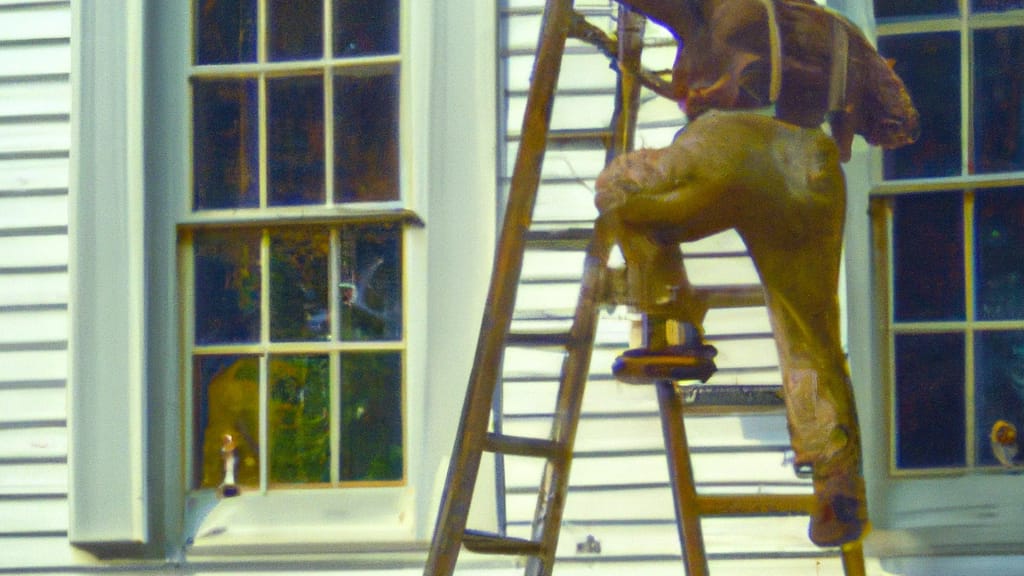 Man climbing ladder on Bedminster, New Jersey home to replace roof