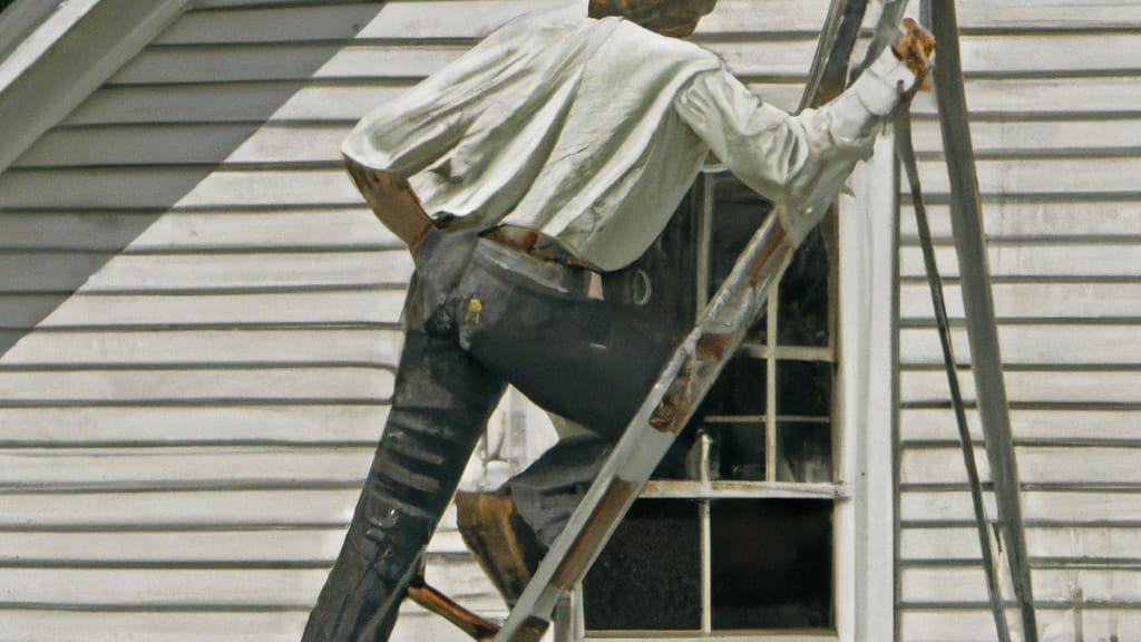 Man climbing ladder on Belding, Michigan home to replace roof