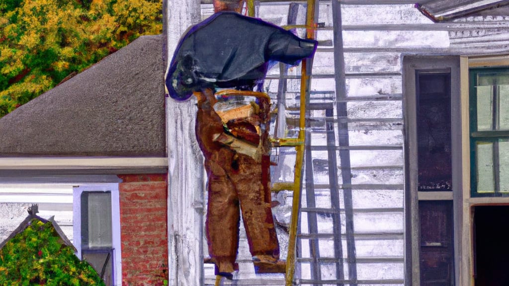 Man climbing ladder on Bellevue, Ohio home to replace roof