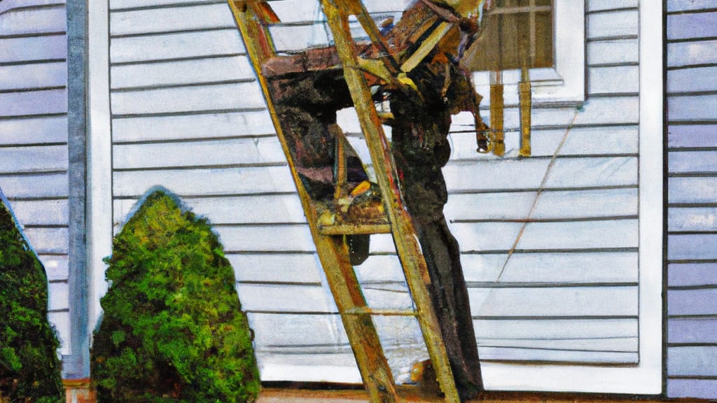 Man climbing ladder on Bellmawr, New Jersey home to replace roof