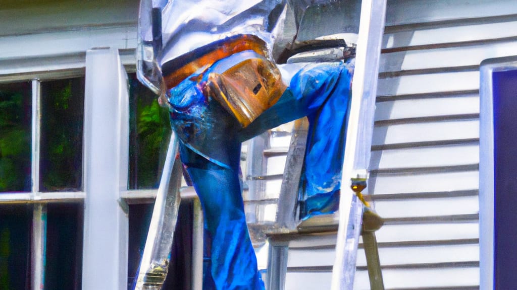Man climbing ladder on Belmont, New Hampshire home to replace roof